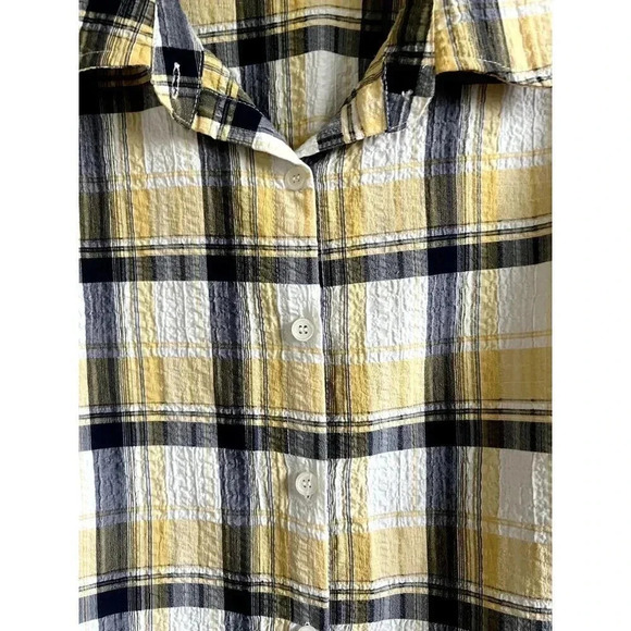 REBECCA MALONE WOMENS SIZE XL 3/4 SLEEVE YELLOW NAVY BLUE BUTTON BLOUSE NWOT - Picture 4 of 7